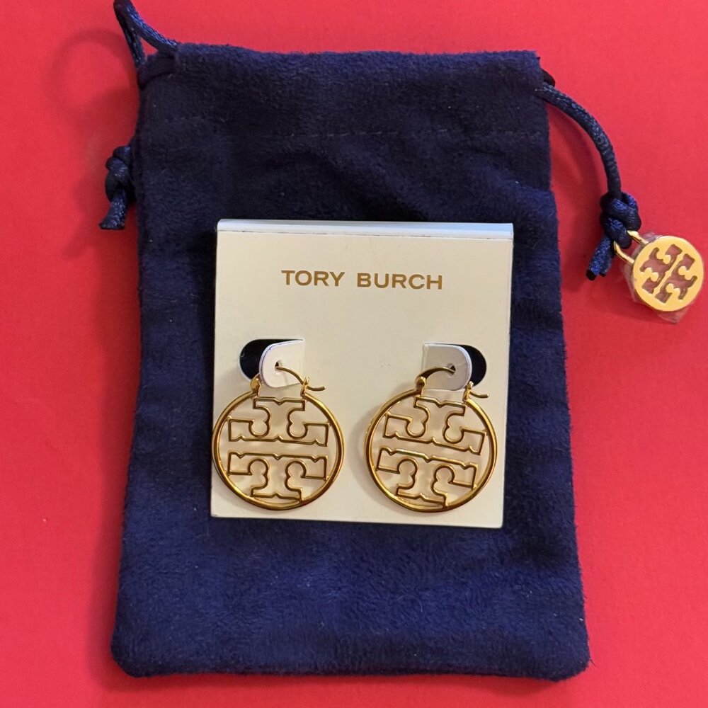 Tory Burch Miler Hoop Logo Earrings, Golden